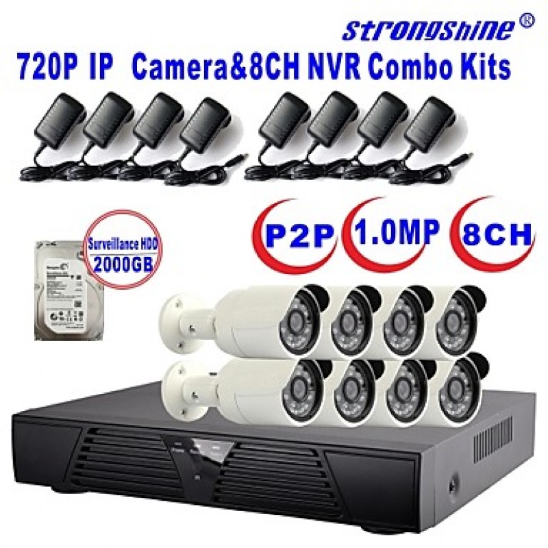 Camera with 720P/Infrared/Waterproof and 8CH  H.264 NVR/2TB Surveillance HDD Combo Kits  