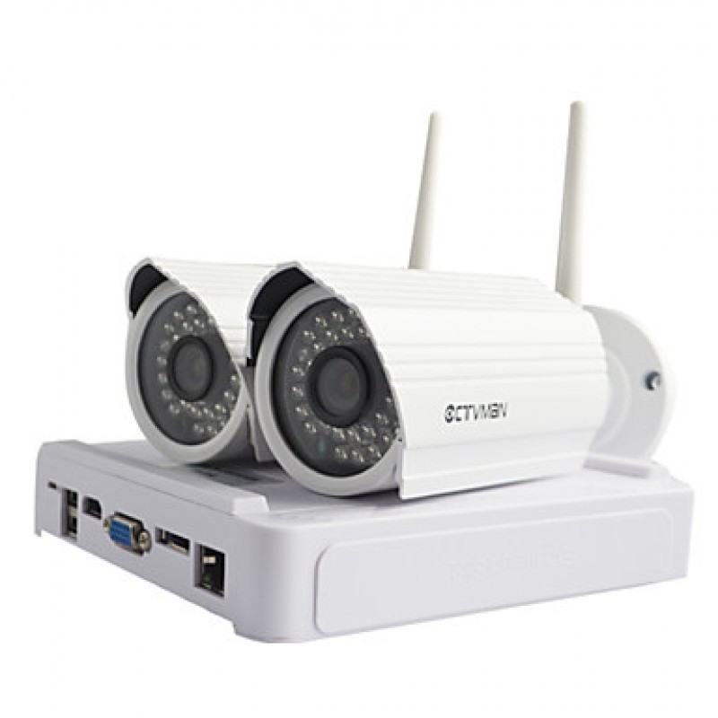 Wireless WIFI IP Camera DIY NVR Kit HD 720P 2pcs 1MP Bullet Outdoor Cams +1pc 4CH Mini NVR  