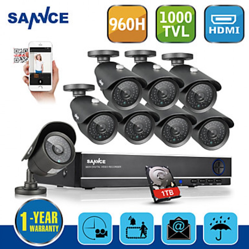 8CH CCTV System 960H 1TB DVR 8PCS 1000TVL IR Weatherproof Outdoor CCTV Camera Home Security Surveillance Kits  